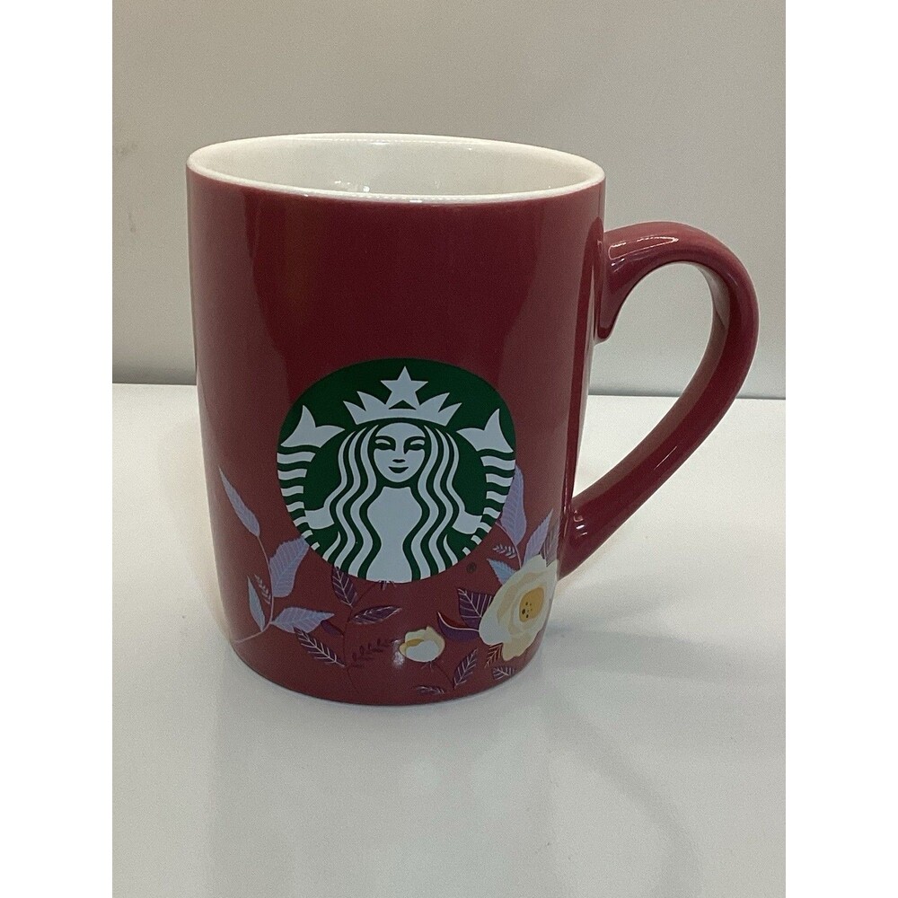 Starbucks 2020 Floral Coffee Mug Burgundy Red White Flowers 10 oz Cup